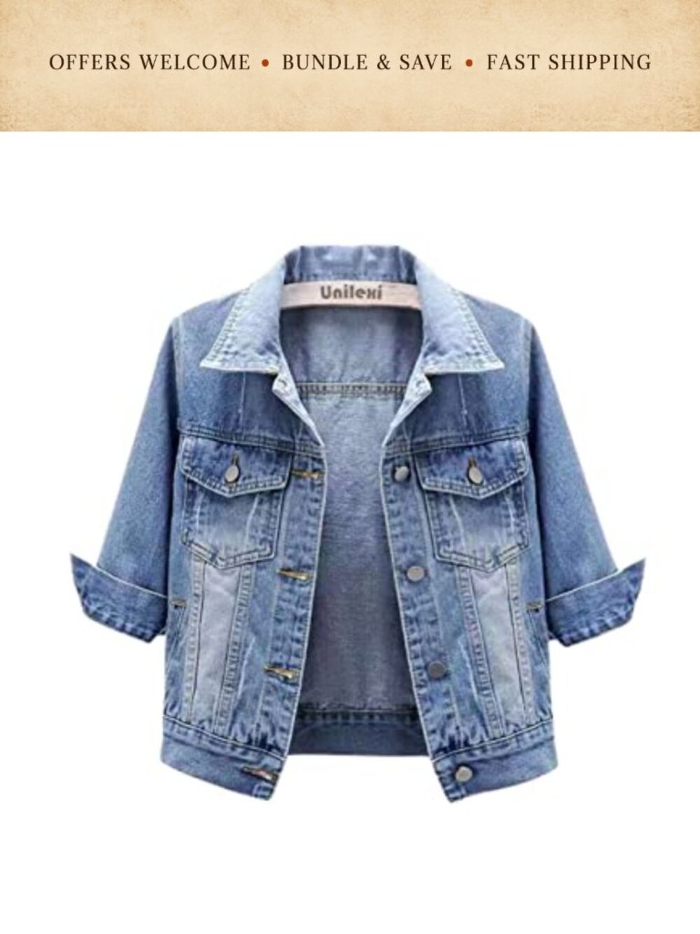 Women's Cropped Denim Jacket 3/4 Sleeve Button Trucker Coat